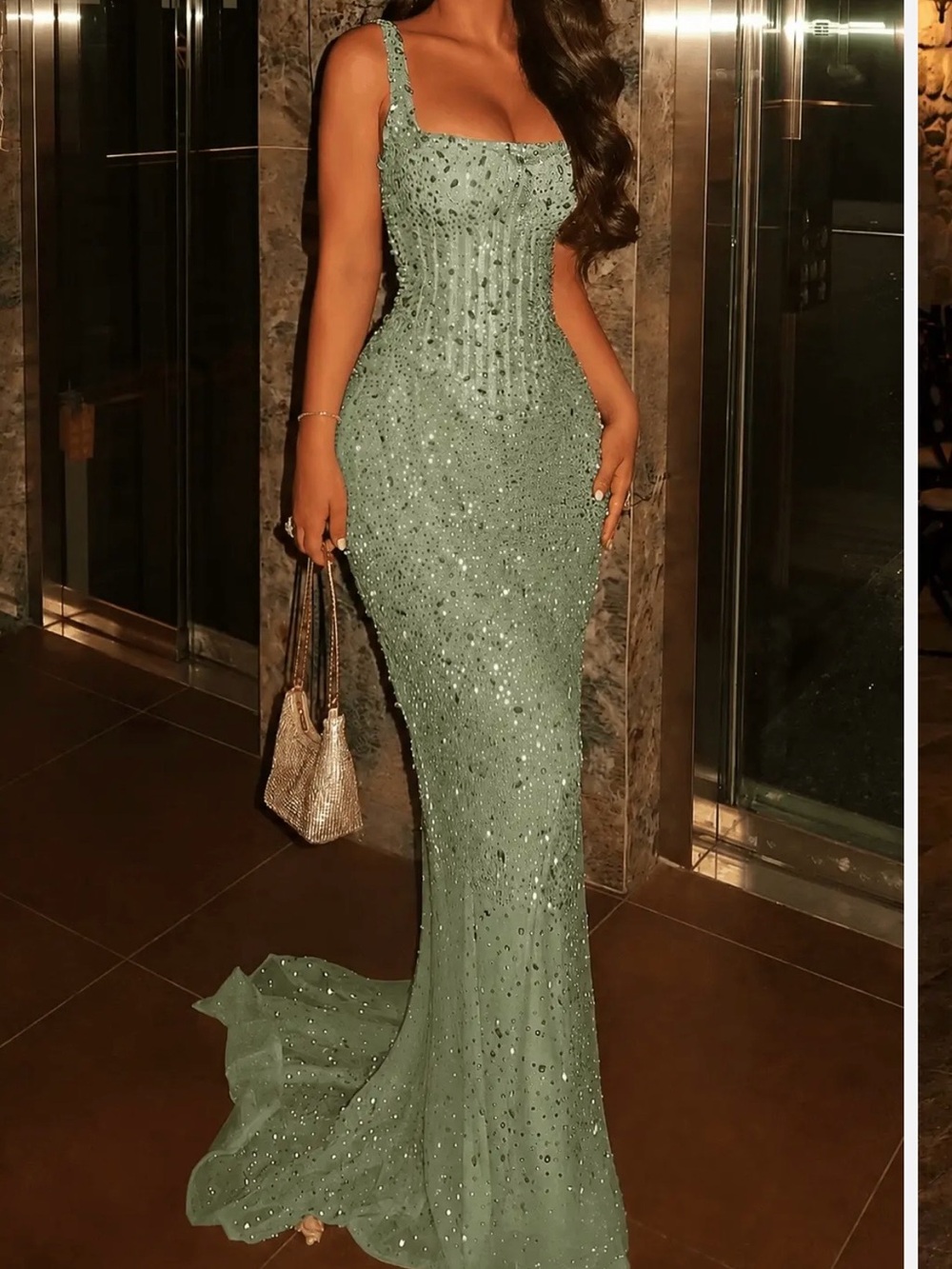 Mint Beaded Mermaid Prom Dress with Square Neck